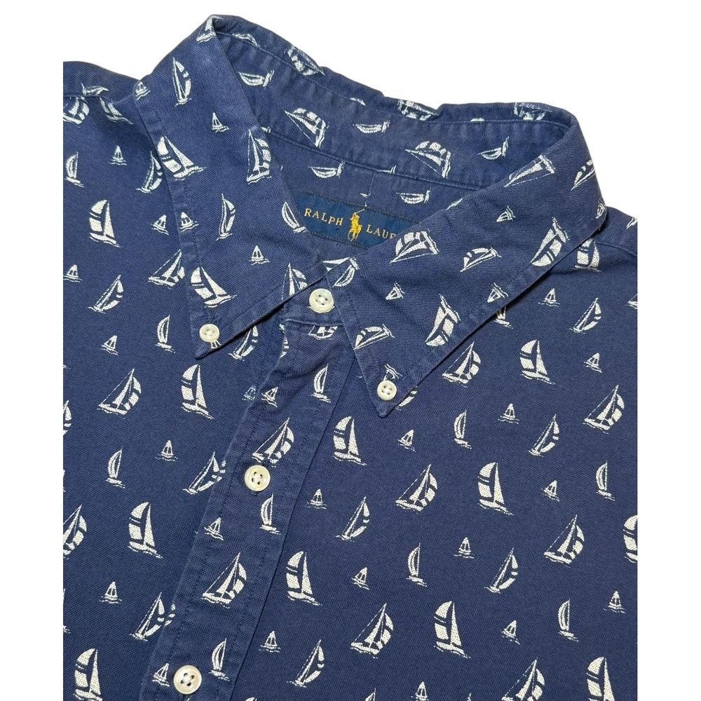 Ralph Lauren Mens XXL Short Sleeve Button Down Shirt Sailboat Print Blue Cotton